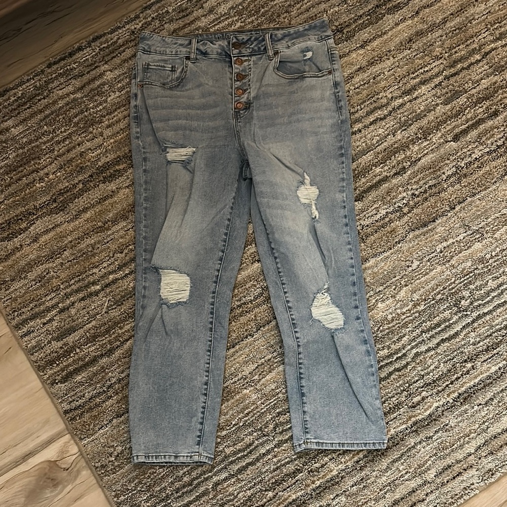 Blue Cropped Button Fly Distressed Ankle Jeans